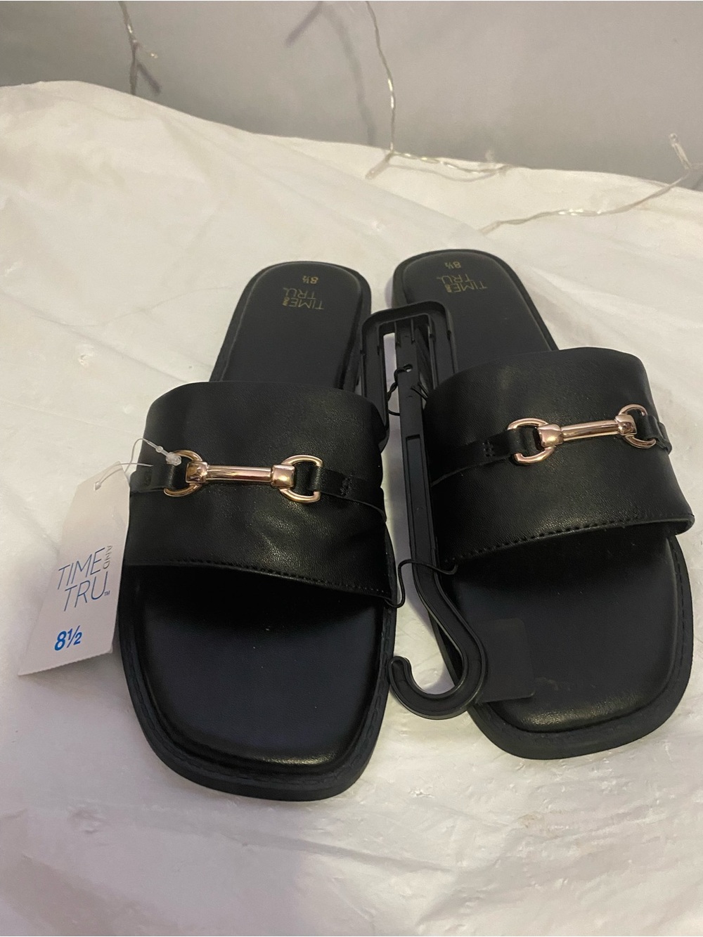 Time and Tru Black Slide Mules with Gold Bit Accent